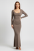 Solid Y2K long sleeve backless bodycon maxi dress, front view on model.
