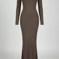 Solid Y2K long sleeve backless maxi dress, front view on model.