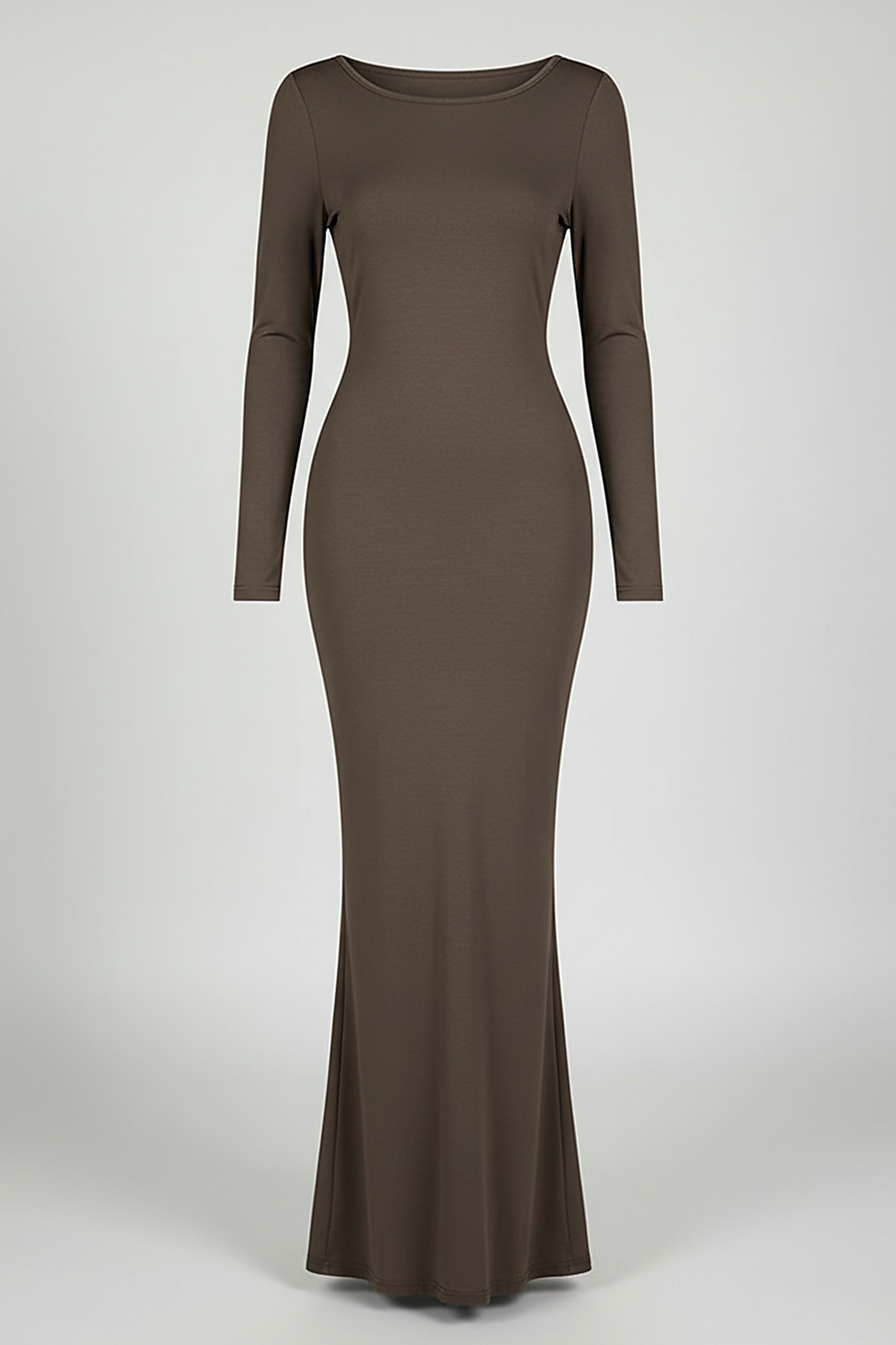 Solid Y2K long sleeve backless maxi dress, front view on model.