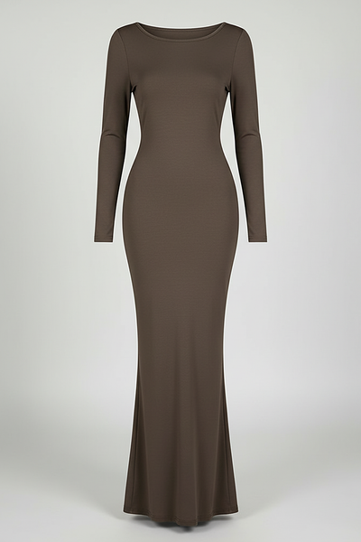 Solid Y2K long sleeve backless maxi dress, front view on model.