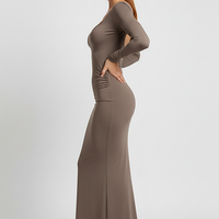 Elegant solid backless bodycon maxi evening gown, front view on model.
