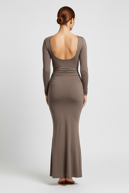 Solid long sleeve backless bodycon maxi dress, front view on model.