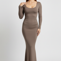 Solid Y2K long sleeve backless bodycon maxi dress, front view on model.