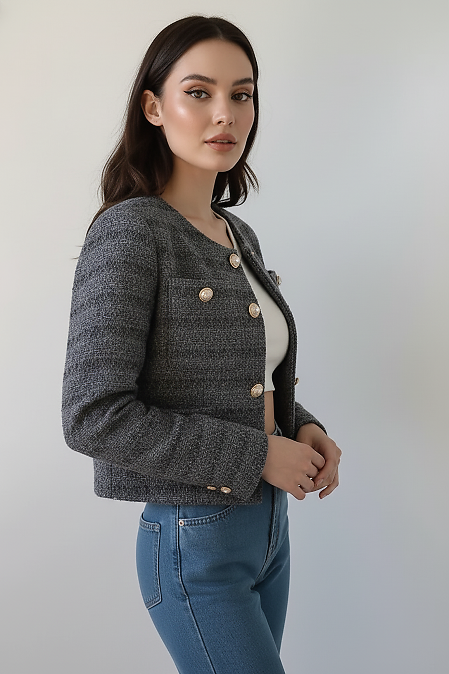 Elegant Tweed Single-Breasted Short Coat