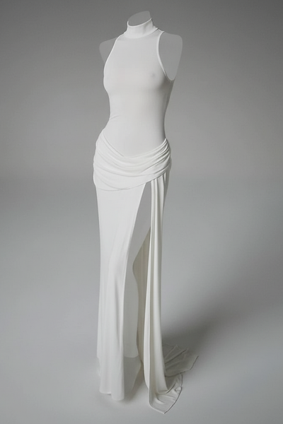 White sleeveless high-slit turtleneck maxi dress, on model.