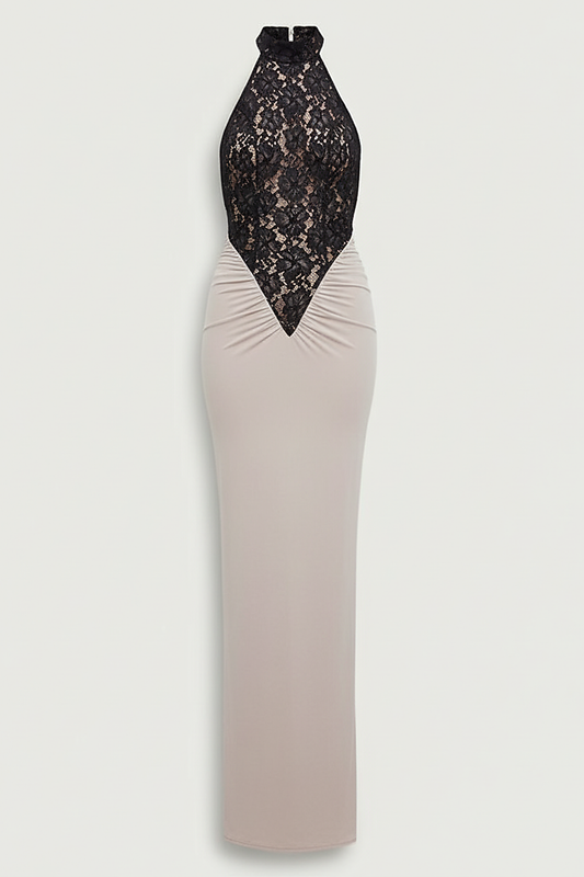 Front view of a woman wearing a black halterneck maxi dress with a sheer lace bodice, accessorized with sunglasses and a gold bracelet.; Model posing in a black lace halterneck evening gown,