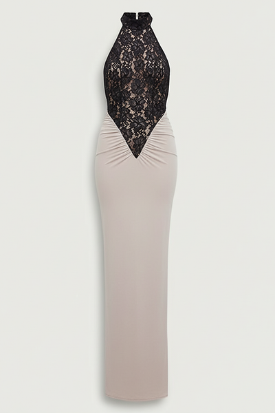 Front view of a woman wearing a black halterneck maxi dress with a sheer lace bodice, accessorized with sunglasses and a gold bracelet.; Model posing in a black lace halterneck evening gown,