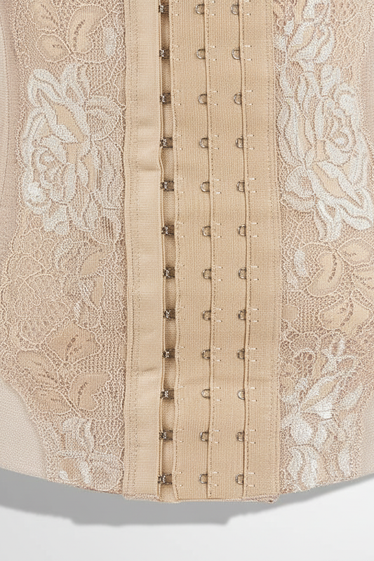 Mesh embroidered corset body shaper, close-up fabric detail.