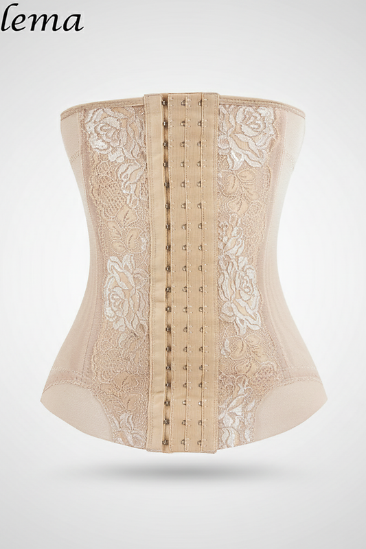 Mesh embroidered corset body shaper waist trainer, back view.