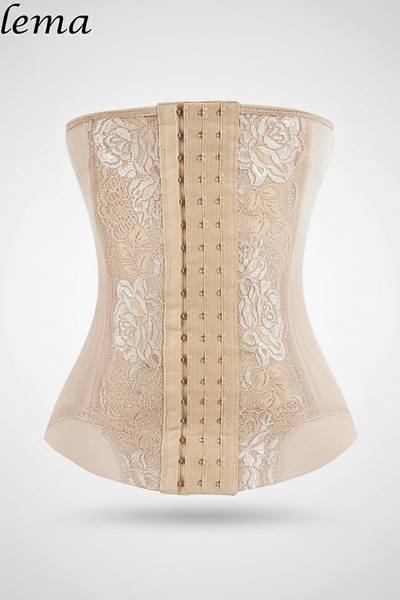 Mesh embroidered corset body shaper waist trainer, back view.