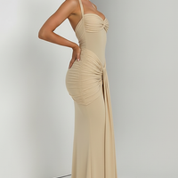 Halter backless patchwork off-shoulder maxi dress, front view on model.