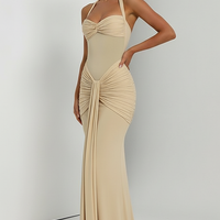 Halter backless patchwork off-shoulder maxi dress, front view on model.