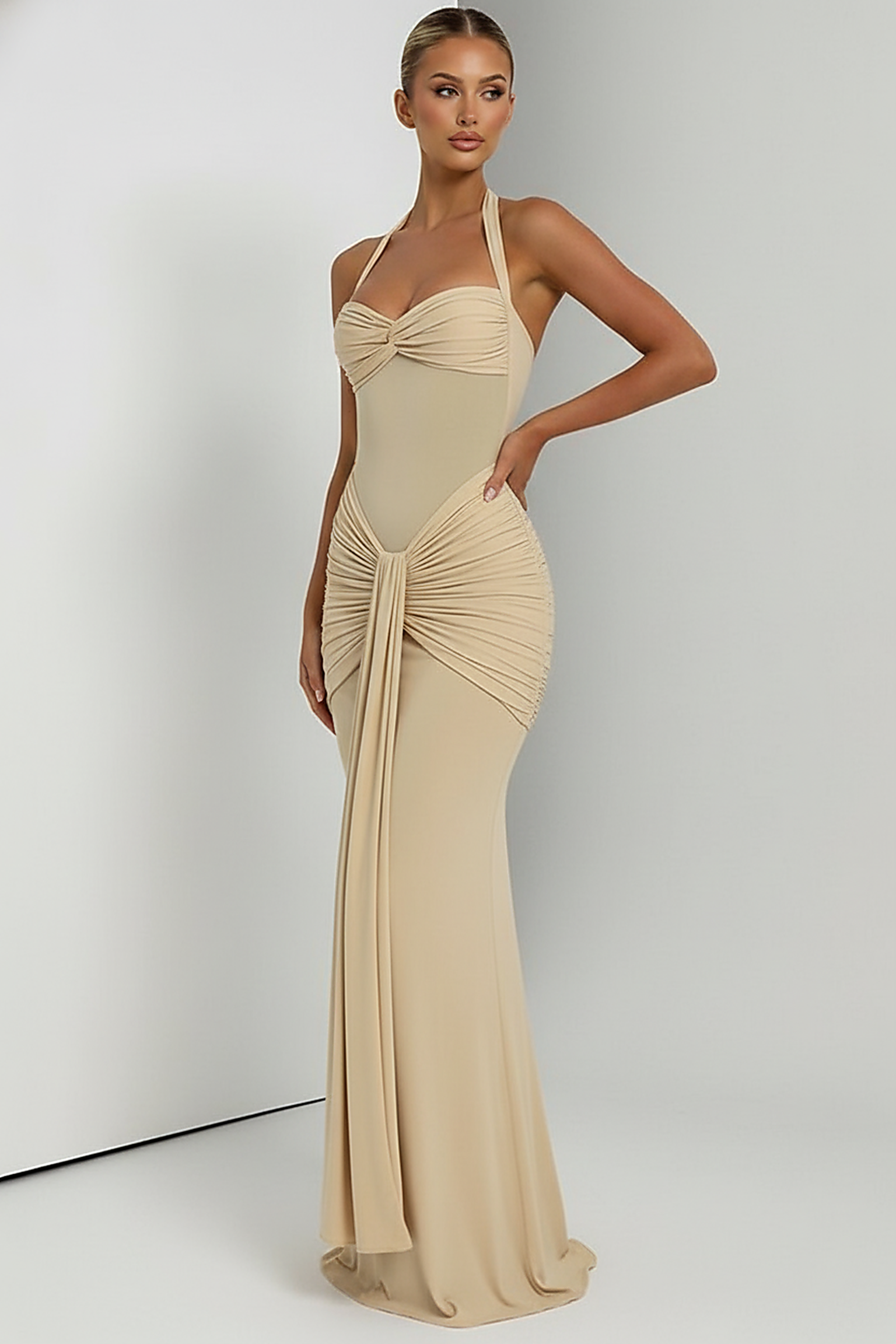 Halter backless patchwork off-shoulder maxi dress, front view on model.