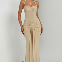 Halter backless patchwork off-shoulder maxi dress, back view.