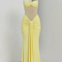 Halter backless patchwork off-shoulder maxi dress, front view on model.