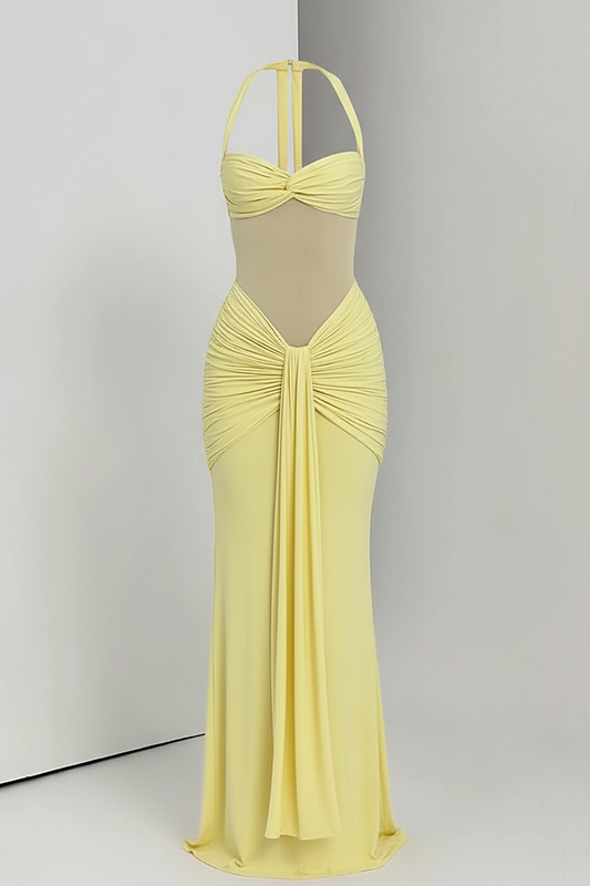 Halter backless patchwork off-shoulder maxi dress, front view on model.