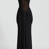 Halter backless patchwork off-shoulder maxi dress, fabric detail.