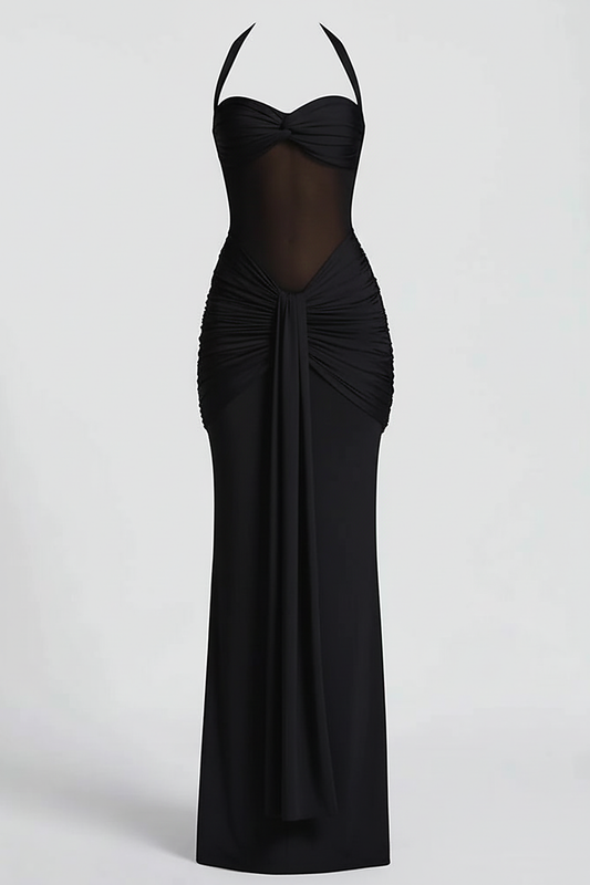 Halter backless patchwork off-shoulder maxi dress, fabric detail.