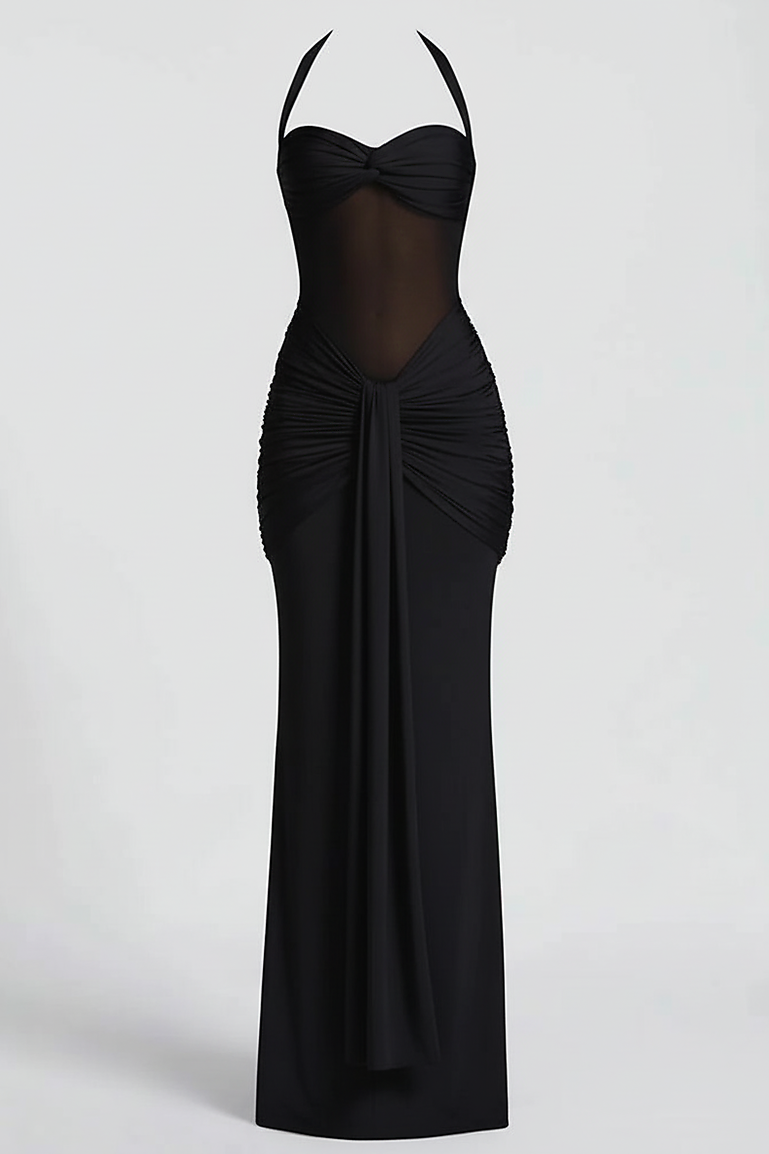 Halter backless patchwork off-shoulder maxi dress, fabric detail.