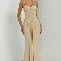 Halter backless patchwork off-shoulder maxi dress, front view on model.