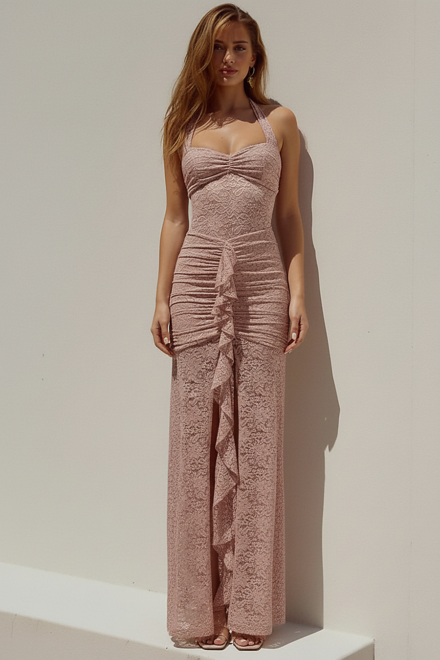 Lace Draped Ruched Halter Backless Maxi Dress