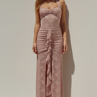 Black maxi dress, full length front view.