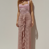 Black ruched maxi dress, front view on model.