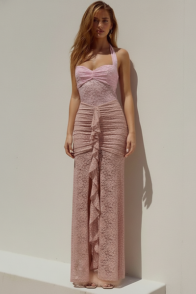 Black ruched maxi dress, front view on model.