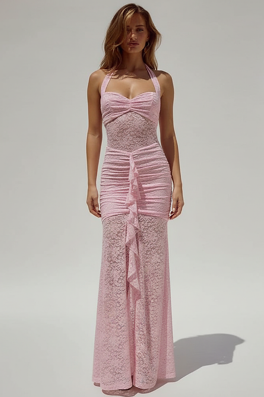 Black maxi dress, halter neckline detail.