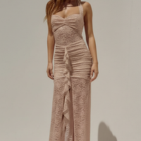 Black maxi dress, draped skirt detail.