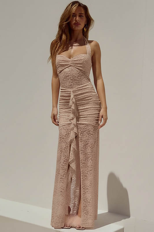 Black maxi dress, draped skirt detail.