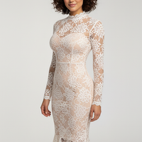White lace midi dress with mock neck, front view on model.