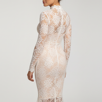 White bodycon midi dress with mock neck, front view on model.