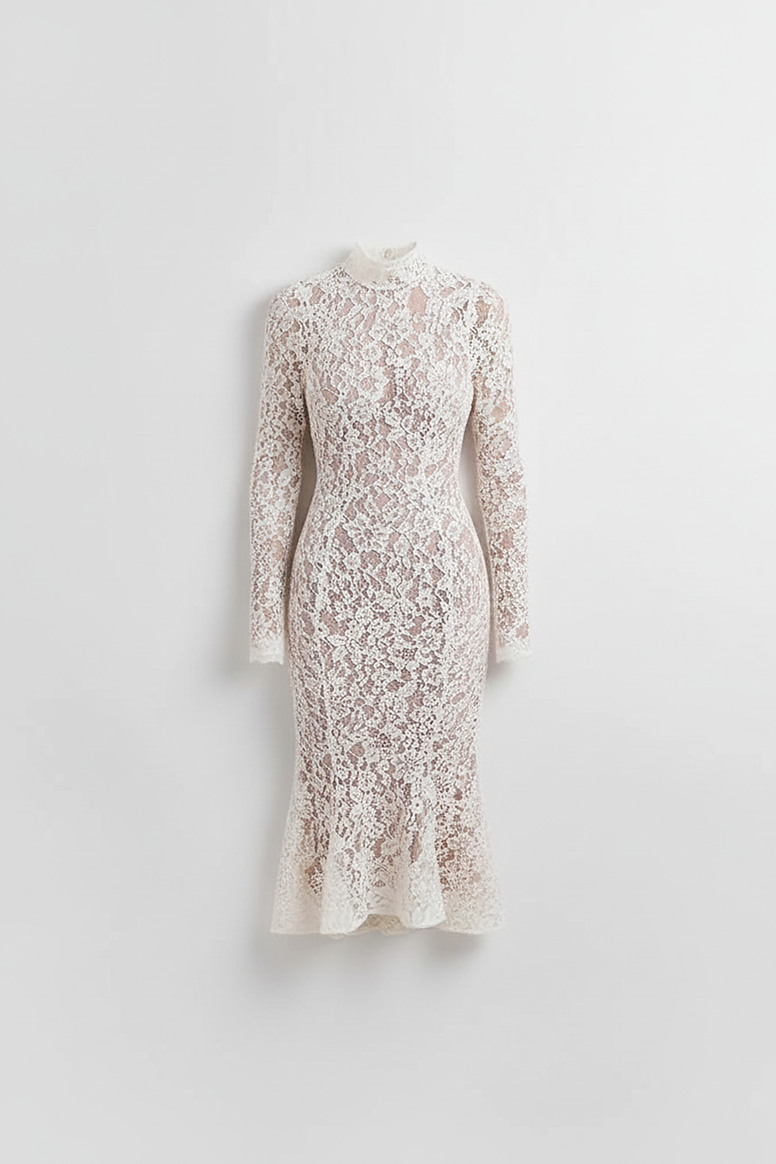 White lace bodycon dress with mock neck, front view on model.