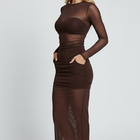 Elegant mesh see-through patchwork maxi dress, front view on model.