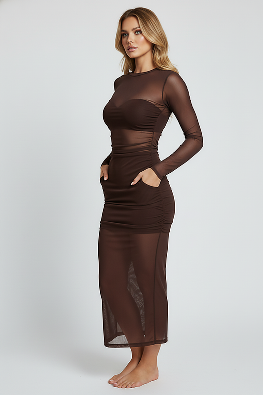 Elegant mesh see-through patchwork maxi dress, front view on model.