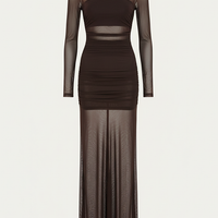 Sheer patchwork ruched long sleeve maxi dress, front view on model.