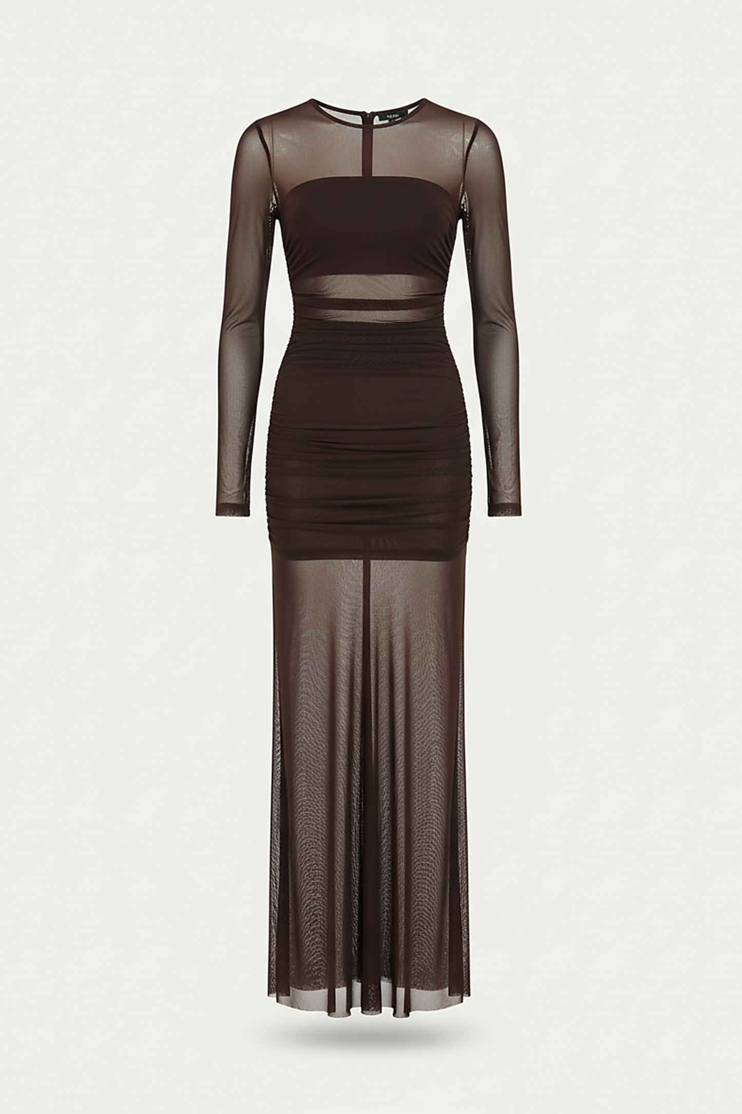 Sheer patchwork ruched long sleeve maxi dress, front view on model.