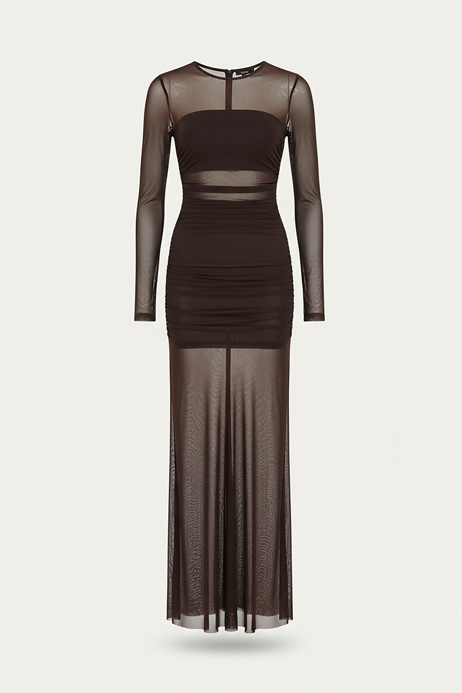 Sheer patchwork ruched long sleeve maxi dress, front view on model.