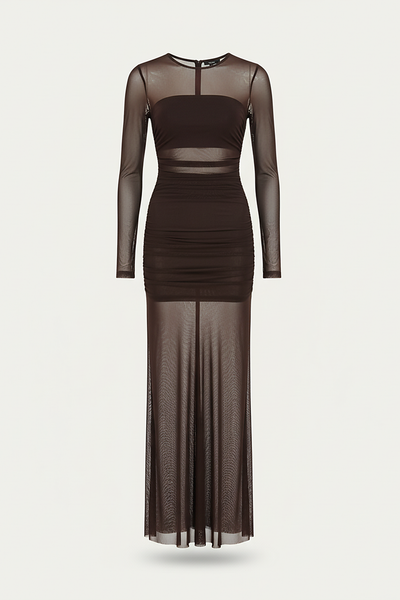 Sheer patchwork ruched long sleeve maxi dress, front view on model.