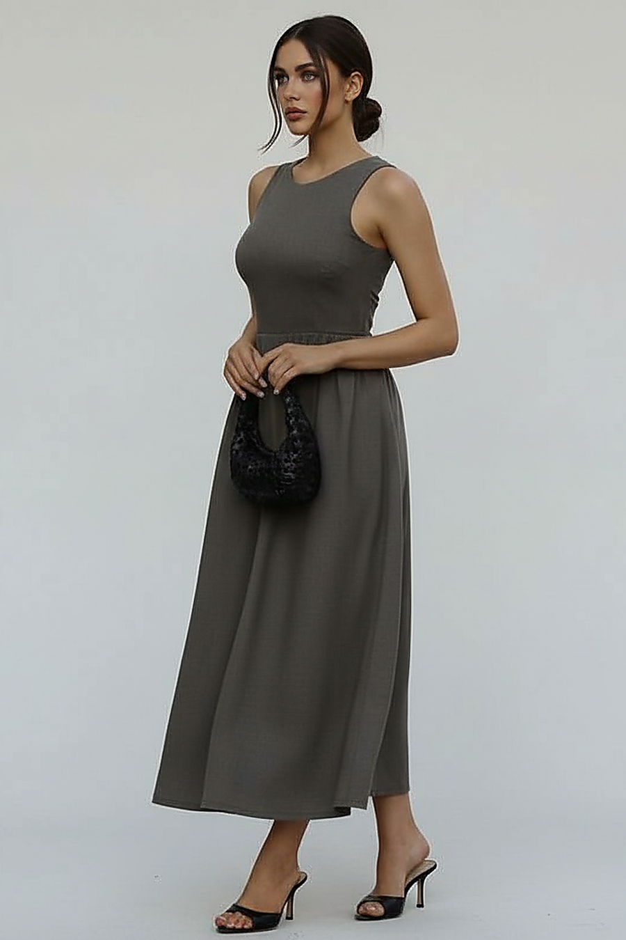 Sleeveless Black A-Line Midi Dress - Thorne & Ivy