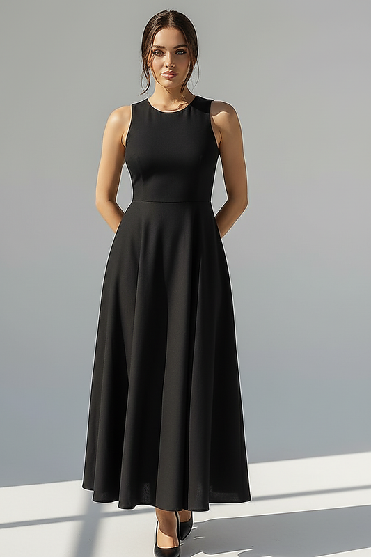 Sleeveless Black A-Line Midi Dress - Thorne & Ivy