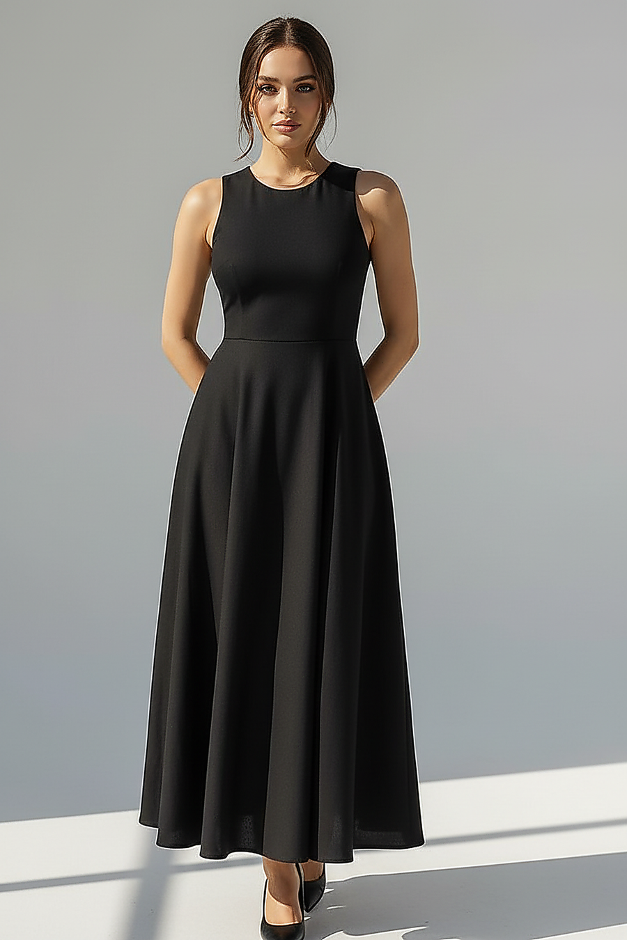 Sleeveless Black A-Line Midi Dress - Thorne & Ivy