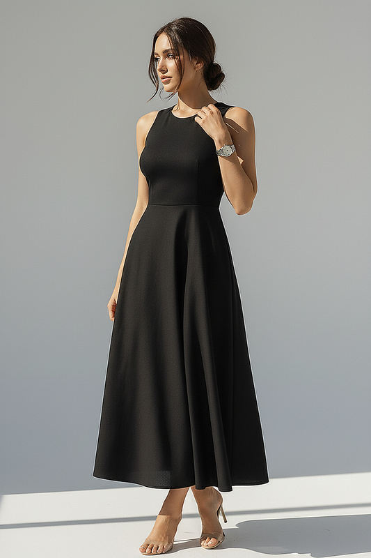 Sleeveless Black A-Line Midi Dress - Thorne & Ivy