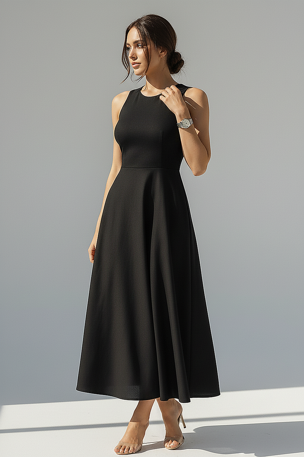 Sleeveless Black A-Line Midi Dress
