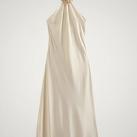 Floral print satin off-shoulder backless maxi dress, front view on model.