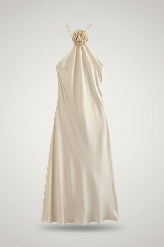 Floral print satin off-shoulder backless maxi dress, front view on model.