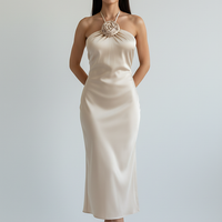 Floral satin off-shoulder backless long dress, front view on model.