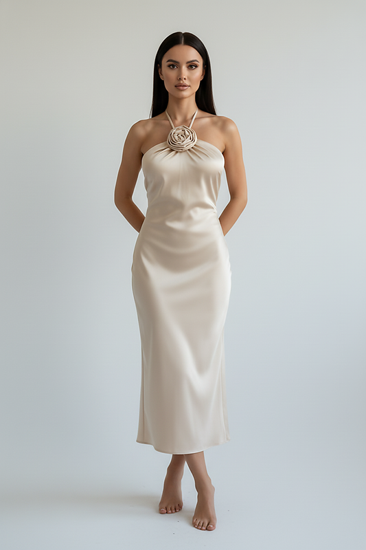 Floral satin off-shoulder backless long dress, front view on model.