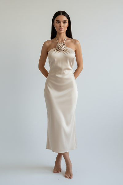 Floral satin off-shoulder backless long dress, front view on model.